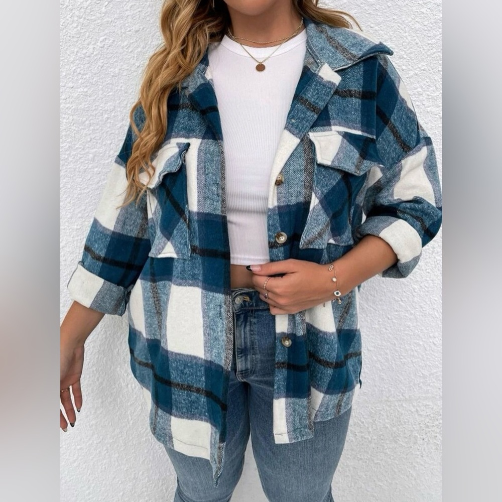 NEW Shein Plus Plaid Flap Pocket Drop Shoulder Overcoat